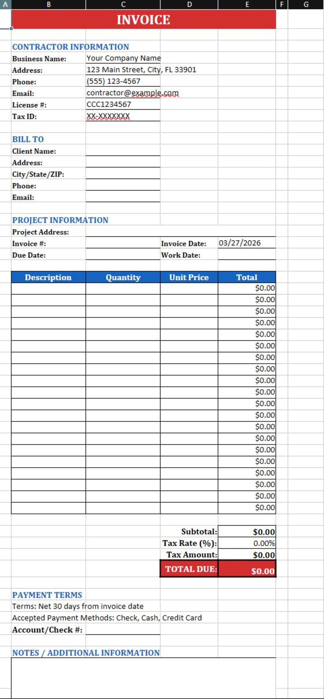 Florida Invoice Example Contractor Invoice Template Excel | Hurricane Shutter & Home Hardening ...
