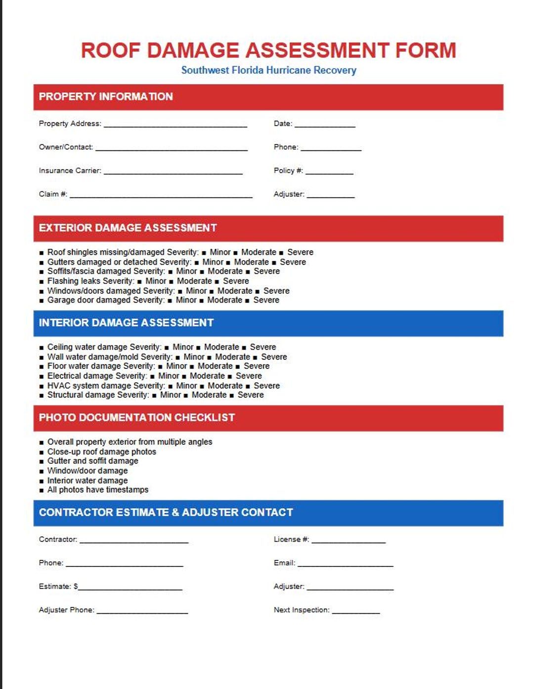 Roof Damage Assessment Form PDF | Hurricane Damage Report Template ...