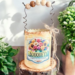 Country Rustic Primitive Flower Bouquet Floral Buckets/ Tin Can/Flower Pot/Spring Decor/Morher’s Day Gift