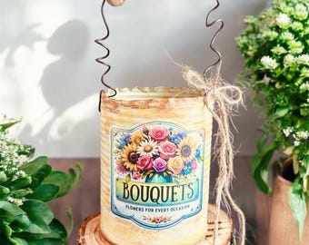 Country Rustic Primitive Flower Bouquet Floral Buckets/ Tin Can/Flower Pot/Spring Decor/Morher’s Day Gift