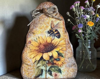 Adorno de estante con forma de colmena hecho a mano/abeja melífera con girasol y lazo de cuerda