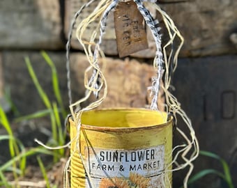 Rustic Sunflower Tin Can: Farmhouse Floral Bucket, Handmade Decor