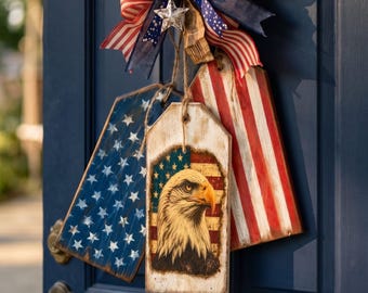 American Eagle Wooden Tag Door Hanger/Fourth of July Patriotic Wall Decor