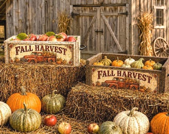 Fall Harvest Red Truck 15”  Wooden Box/Natural or White Washed Box/ Farmhouse  Wooden Fruit Box