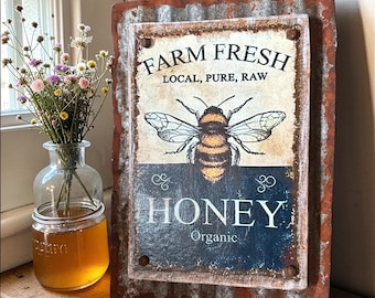 Handcrafted Farm Fresh Honey Sign/ Vintage Galvanized Metal & Wood Honey Bee Decor