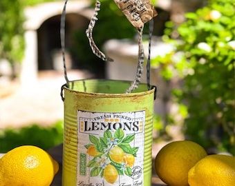 Farm Fresh Lemons Tin Can: Rustic Farmhouse Floral Bucket