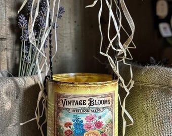 Handcrafted Spring Floral Tin Bucket: Vintage Blooms Seed Art, Rustic Farmhouse Decor