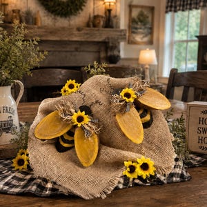 May include: Two decorative bee figures crafted with yellow and black striped bodies and wooden wings, adorned with small sunflowers and gingham ribbon, resting on a piece of burlap fabric next to a white pitcher with the text Farm Fresh.