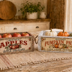May include: Two rectangular wooden crates with rope handles. The left crate features red text reading MONARCH APPLES APPLE ORCHARD and contains red apples. The right crate features red text reading MONARCH PUMPKIN PATCH FARM FRESH PUMPKINS and contains three pumpkins.