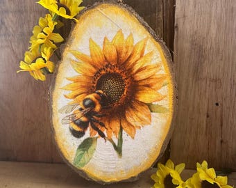 Honey Bee SunFlower Bee Hive Shaped Plaque/ Shelf Sitter/Rustic Bumble Bee Decor/Honey Bee/ Tiered Tray/Spring /Summer Decor/