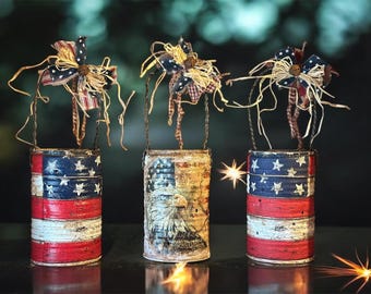 God Bless American Tin Lanterns/ Fourth Of July Lantern/ Rustic Flag Lantern/ Fourth of July Picnic Table Decor