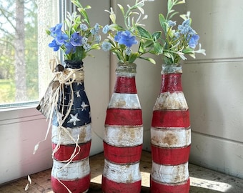 Handmade Rustic Flag Coke Bottle Vases Set of 3 – Fourth of July Decor