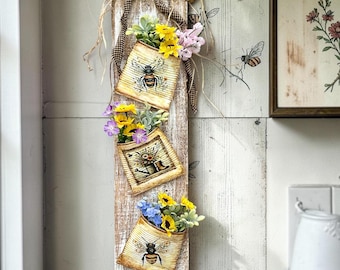 Honey Bee Wooden Floral Hanger/Rustic Bee Tin Farmhouse Garden Home Decor