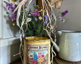 Handmade  Vintage Bloom Tin Can/ Rustic Farmhouse Floral Bucket/ Mothers Day Gift