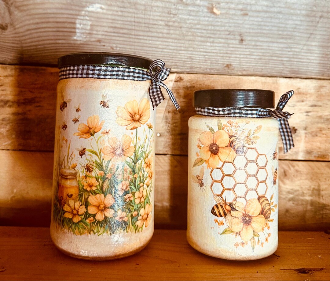 Beehive Bumble Bee Honey Bee Glass Jar Decor, Decroupage Bee Decor Set ...