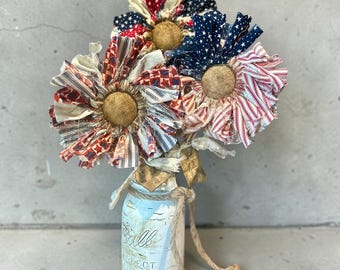 Handmade American Flag Fabric Rag Flowers/250th Fourth Of July Centerpiece Flower Decor