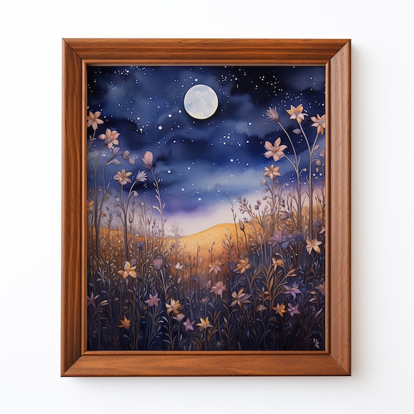 Celestial Meadow Dreams - Digital Watercolor Print, Starry Night Sky with Wildflowers Art, Home Decor, Instant Download, Printable Wall Art