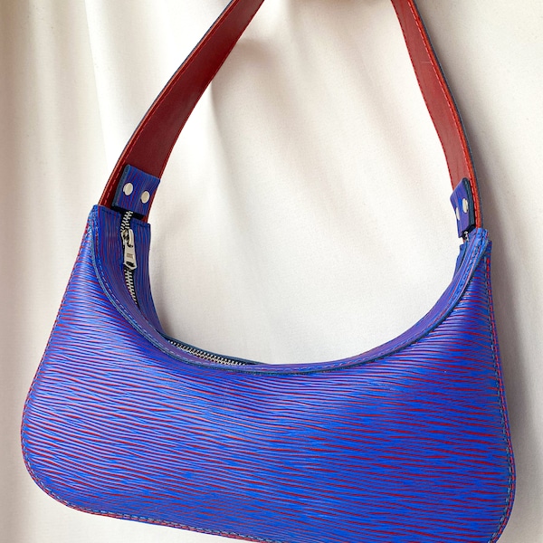 Sac à main sac baguette bleu et rouge en cuir véritable