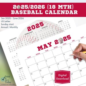 Calendario de béisbol 2025/26, calendario de 18 meses, resumen del año, enero de 2025 a junio de 2026, letra de EE. UU., inicio en domingo, planificador mensual, descarga instantánea