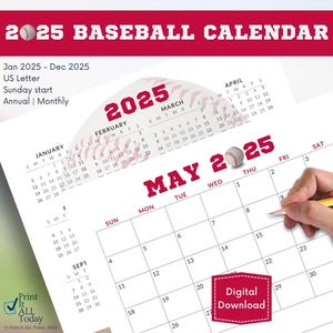 Calendario de béisbol 2025, calendario mensual, resumen del año, enero-diciembre, letra de EE. UU., inicio en domingo, planificador mensual individual, descarga instantánea en PDF