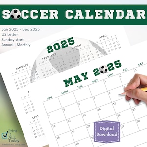 Calendario de fútbol 2025, calendario mensual, resumen del año, enero-diciembre, letra de EE. UU., inicio en domingo, planificador mensual individual, descarga instantánea, PDF