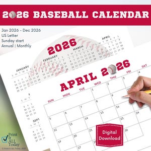 May include: A printable 2026 baseball calendar with a red, white, and blue baseball theme. The calendar is designed for US Letter size paper and starts on Sunday. The calendar includes a monthly view for each month of the year.