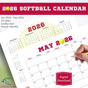 May include: A 2026 softball calendar with a red header and the text "2026 Softball Calendar." The calendar includes the months of the year, starting with January and ending with December. The calendar is a digital download.