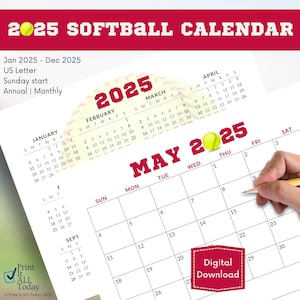 Calendario de Softbol 2025, Calendario Mensual, Resumen del Año, Enero-Diciembre, Letra de EE. UU., Inicio en Domingo, Planificador Mensual Individual, Descarga Instantánea en PDF