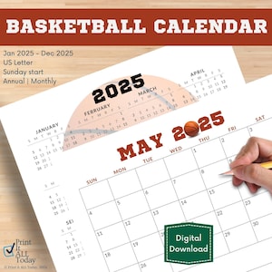 Calendario de baloncesto 2025, calendario mensual, resumen del año, enero-diciembre, letra de EE. UU., inicio en domingo, planificador mensual, descarga instantánea, PDF