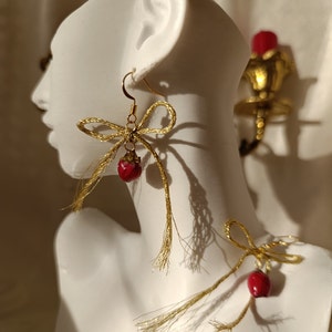 Real Red Rosebud Vintage Style Earrings with Golden Thread Bow, Romantic Jewelry, Gift for valentine, Gift for Her