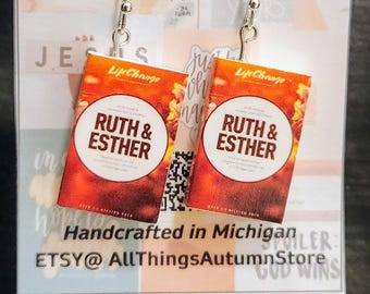 Women of the Bible Earrings, Handmade minibook jewelry, Red jewelry for church