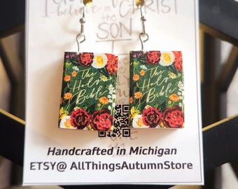 The Holy Bible- floral cover minibook earrings, Christian jewelry, Easter gifts for her