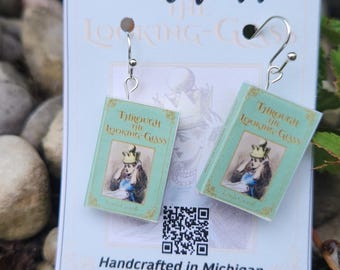 Through the Looking Glass, Alice in Wonderland, Mint Green Vintage, Miniature Book Earrings