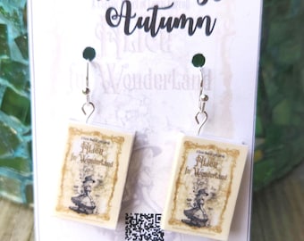 Alice in Wonderland Miniature Book Earrings, Through the Looking Glass Bookish Gift for Librarians, Vintage Literary Jewelry