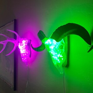 May include: Two animal skull sculptures with antlers, illuminated with LED lights. The skull on the left is lit with pink lights, while the skull on the right is lit with green lights.