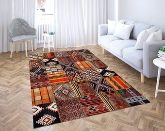 Ethnic Boho Rug - Patchwork Style, Non-Slip Carpet for Living Rooms & Hallways, Thoughtful Mother's Day Gift