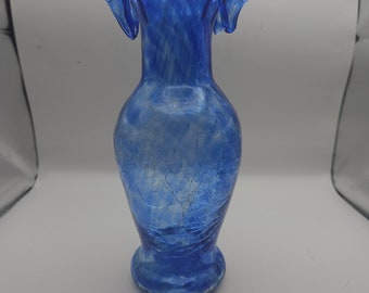 Ruffled Top Blue Swirl Crackle Glass Vase 9"x3.5"