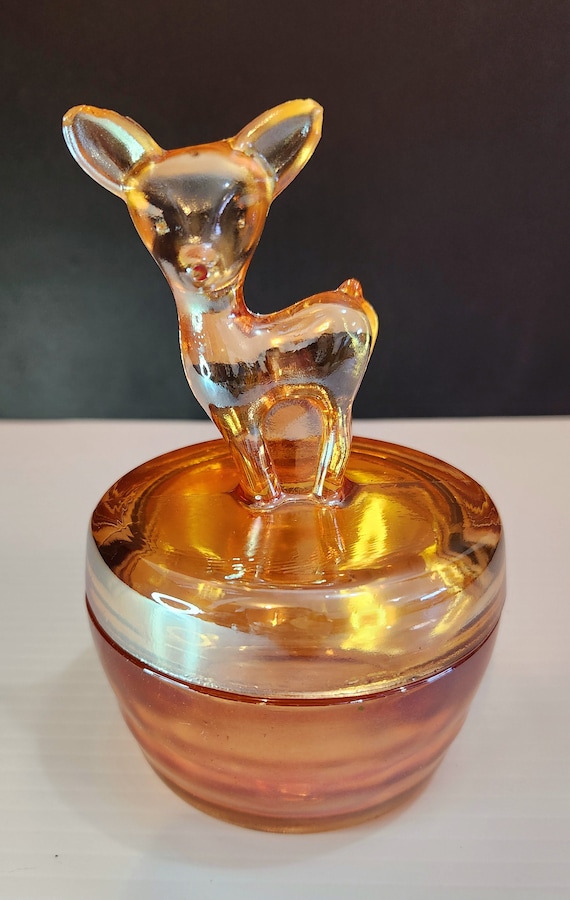 Jeanette Glass Carnival Glass Box with Fawn