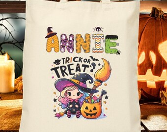 Personalized Halloween Tote Bag: Custom Name Cartoon Witch Trick or Treat