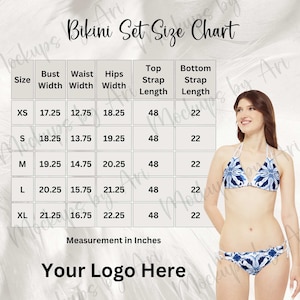 May include: Bikini set size chart in inches.  The chart shows bust, waist, hip, top strap length, and bottom strap length measurements for sizes XS, S, M, L, and XL.