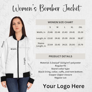 Puede incluir: Chaqueta bomber blanca con ribetes negros, cuello alzado y cremallera cobriza. La imagen incluye una tabla de tallas con medidas en cm y detalles del producto. El texto dice "Women's Bomber Jacket" y "Your Logo Here."