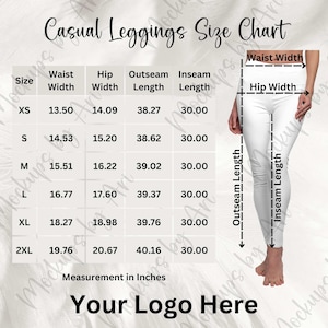 Tabla de tallas de leggings casuales cortados y cosidos para mujer de Printify, tabla de tallas de impresión completa de Printify, tabla de tallas de leggings AOP