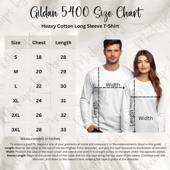 Gildan 5400 Size Chart: Long Sleeve T-shirt Sizing (digital