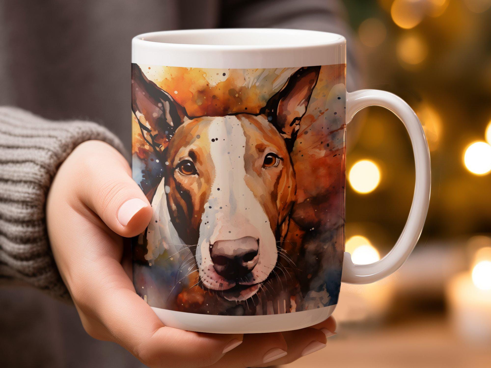 ブルテリアアートマグ：カラフルなスプラッターペイントの犬好きへの