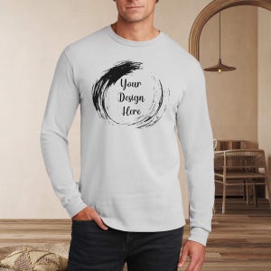 Gildan 2400 T-Shirt Male Mockup Bundle - Unisex Ultra Cotton Long Sleeve Tee Mock-up - Mens Mockups Print on Demand + Bonus Size Chart