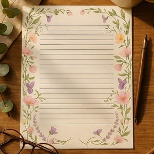 Juego de papel floral imprimible para escribir cartas, tamaño A4, A5, paquete de papelería digital con y sin forro, lindo papel minimalista para notas y regalos.