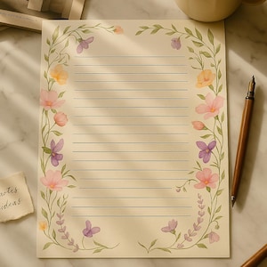 Carta da lettere stampabile, set floreale, carina e minimalista, confezione da cancelleria, formato A4, A5, pagine a righe non rigate, per appunti, regali, diari