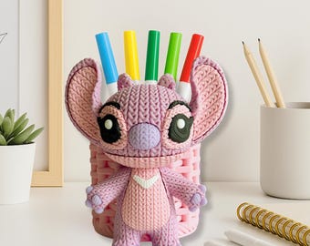 エンジェルスティッチペンホルダー ニットスタイル スティッチペンシルカップ かわいいディズニー風デスクオーガナイザー リロ＆スティッチファンギフト クリエイティブなデスクデコレーション