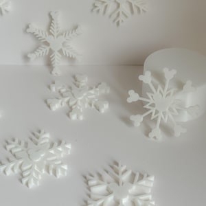 May include: White snowflake decorations in various sizes and designs. The snowflakes have a three-dimensional appearance and are scattered across a white surface. The image is well-lit, highlighting the intricate details of each snowflake, perfect for winter-themed crafts and decor.