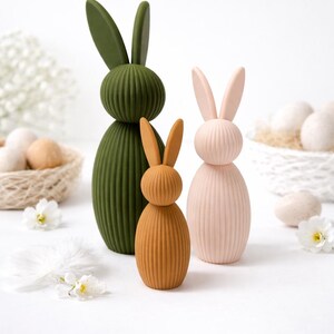 Pu&ograve; includere: Tre figurine decorative a forma di coniglio in verde oliva, pesca e rosa chiaro. I coniglietti hanno una consistenza a coste e orecchie lunghe. Fiori bianchi e uova in un cestino sullo sfondo, che suggeriscono un tema pasquale.